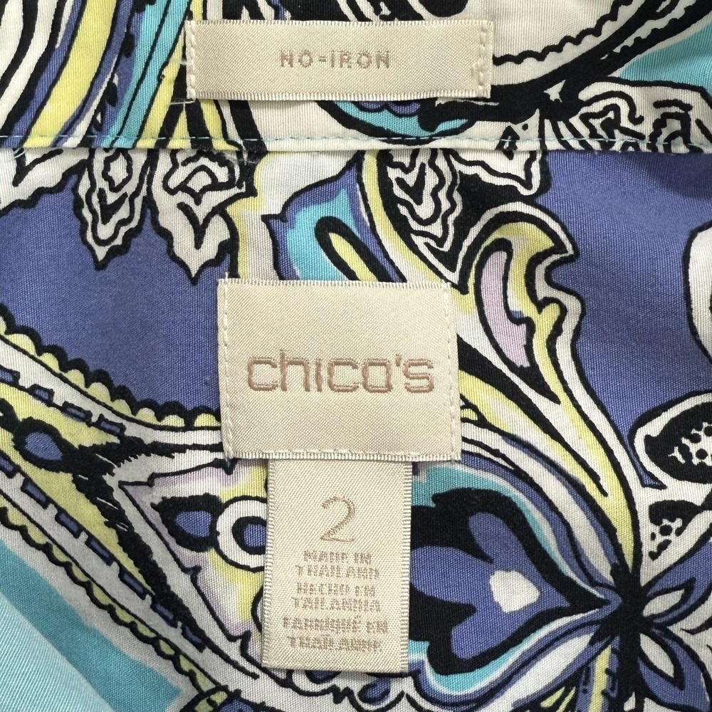 Chicos Shirt Women's Large Blue Multicolor Boho Floral No Iron Casual Career Top - Picture 5 of 8